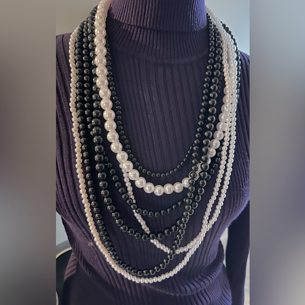 Multi-strand black, white, gray, faux pearl necklace